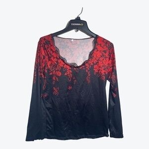 Unbranded Womens Long Sleeve Top Black Red Floral Scoop Neck Lightweight Size La